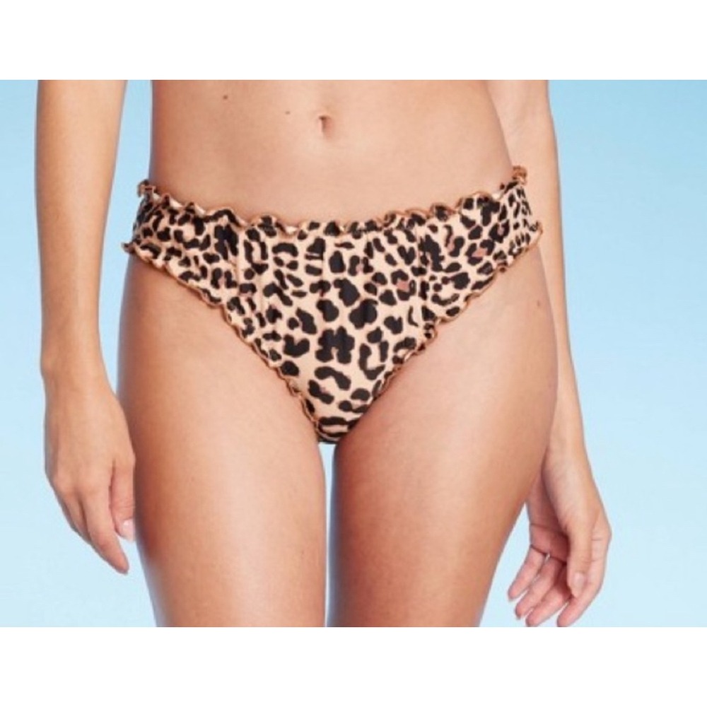Shade & Shore Womens Leopard Print Lettuce Edge‎ Cheeky Bikini Bottom Brown XL